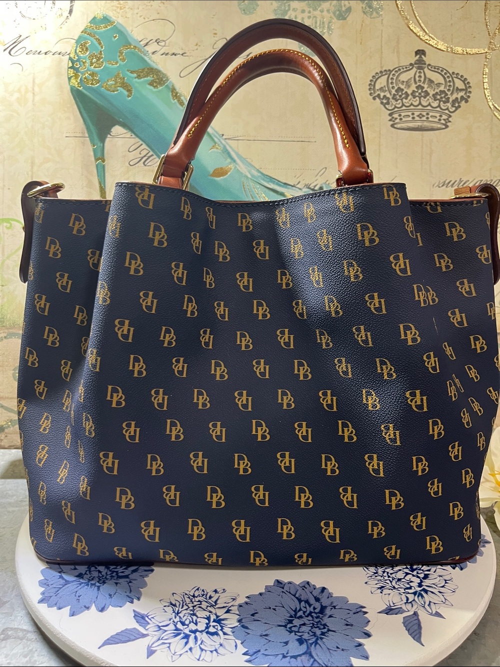 Dooney & Bourke Navy Logo Satchel with Brown Leather Handles - Picture 3 of 13
